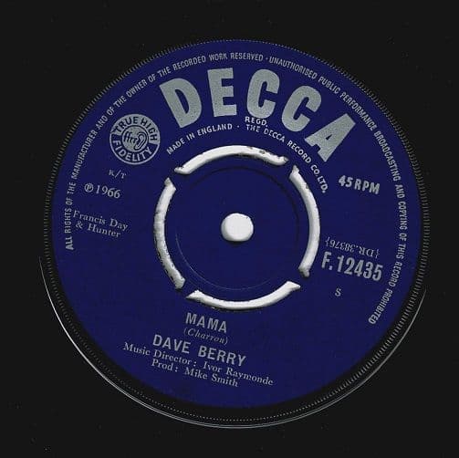 DAVE BERRY Mama Vinyl Record 7 Inch Decca 1966 Signed